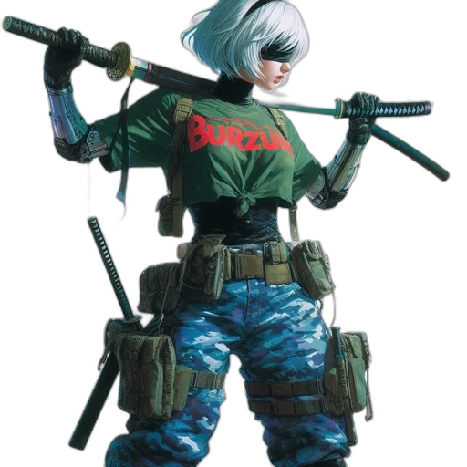 jacket, weapon, robot, concept art, comic book art, 3d render, cyberpunk, woman transparent PNG cut-out