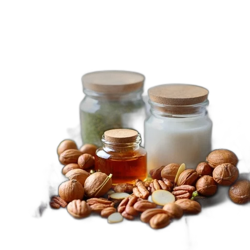 food, variety, nuts, dried, fruits, small, jar, honey transparent PNG cut-out