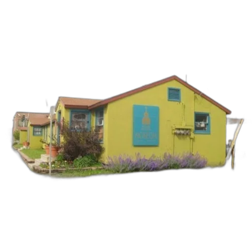 building, 3d render, photorealistic, pastel, colorful, bright, yellow, blue transparent PNG cut-out