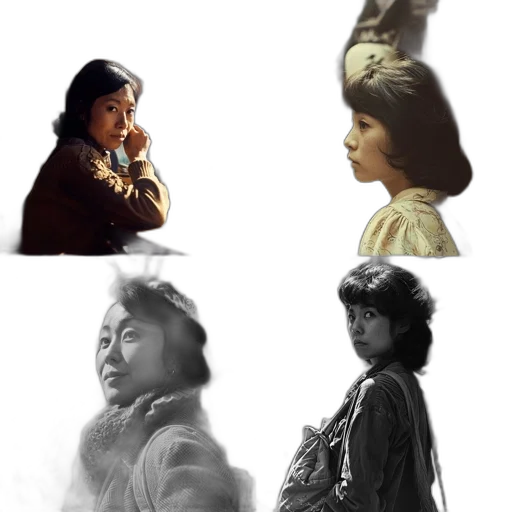 photorealistic, concept art, comic book art, fantasy art, monochrome, woman, four, different transparent PNG cut-out