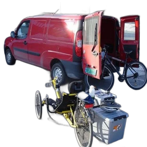 car, red, van, open, back, door, bicycle, inside transparent PNG cut-out