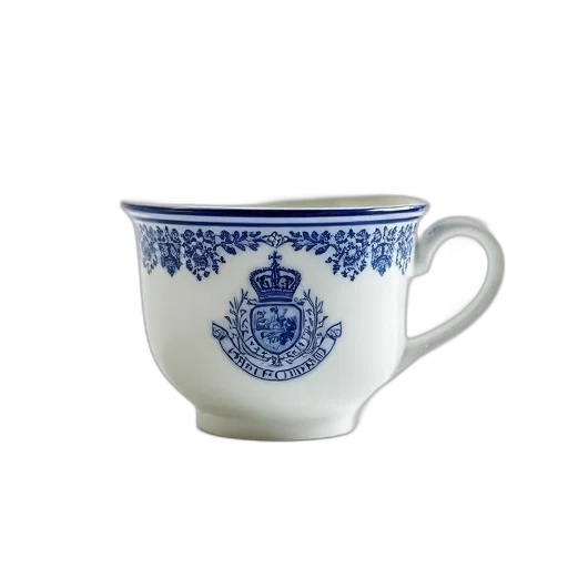 white, porcelain, teacup, blue, rim, patterned, design, featuring transparent PNG cut-out