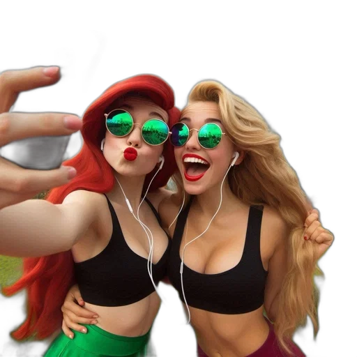 3d render, photorealistic, cartoon, concept art, two, women, wearing, green transparent PNG cut-out