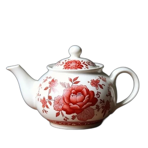 photorealistic, 3d render, ceramic, teapot, red, white, floral, pattern transparent PNG cut-out