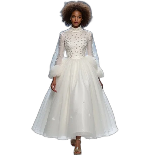 dress, woman, voluminous, curly, hairstyle, walking, down, runway transparent PNG cut-out