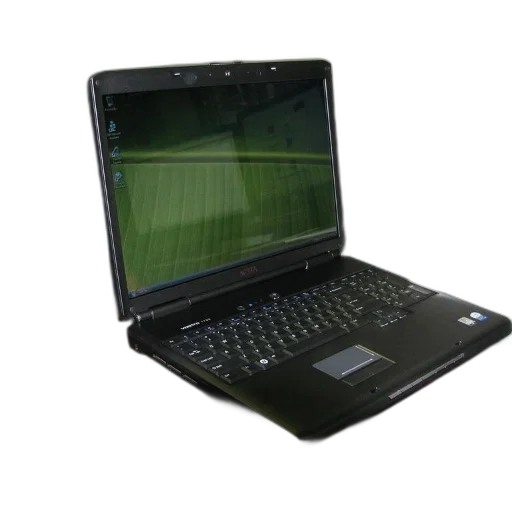 3d render, black, laptop, sits, desk, yellow, ball, picture transparent PNG cut-out
