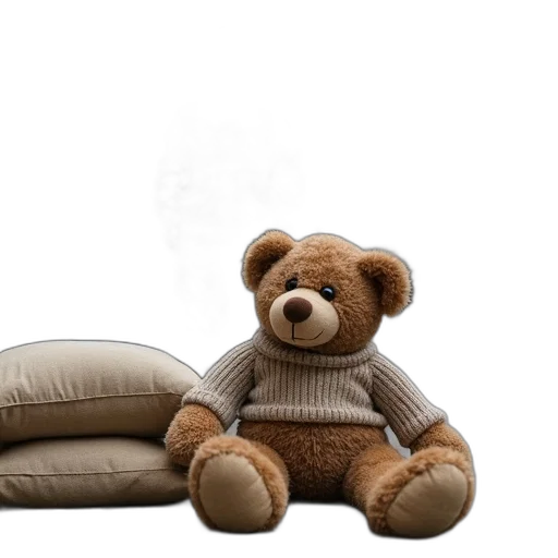 furniture, 3d render, photorealistic, earth tones, teddy, bear, knitted, sweater transparent PNG cut-out