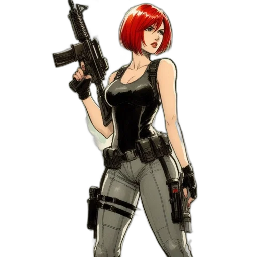 weapon, comic book art, concept art, pixel art, cartoon, woman, vivid, red transparent PNG cut-out