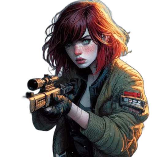jacket, weapon, comic book art, concept art, cyberpunk, fantasy art, red, woman transparent PNG cut-out