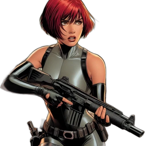 weapon, comic book art, concept art, woman, short, red, hair, large transparent PNG cut-out
