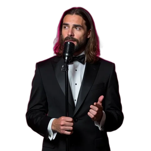 staff, jacket, hair, man, long, standing, microphone, wearing transparent PNG cut-out