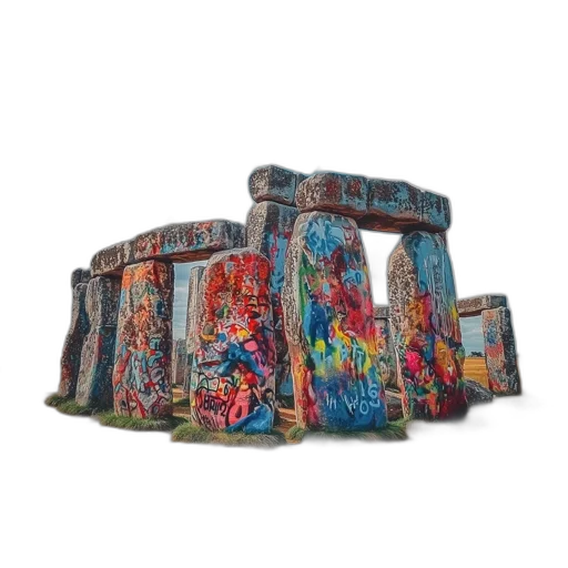furniture, graffitied, stonehenge-like, structure, set, against, open, field transparent PNG cut-out