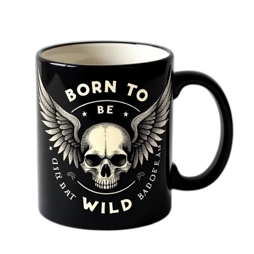 black, coffee, mug, white, interior, detailed, illustration, skull transparent PNG cut-out