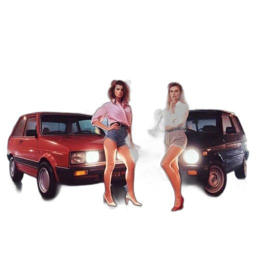 car, vaporwave, pixel art, photorealistic, concept art, two, women, stand transparent PNG cut-out