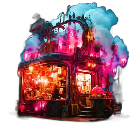 furniture, concept art, fantasy art, cyberpunk, photorealistic, neon lights, city street, fire transparent PNG cut-out