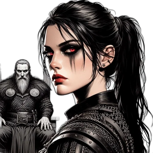 comic book art, fantasy art, concept art, photorealistic, dark, armed, female, character transparent PNG cut-out
