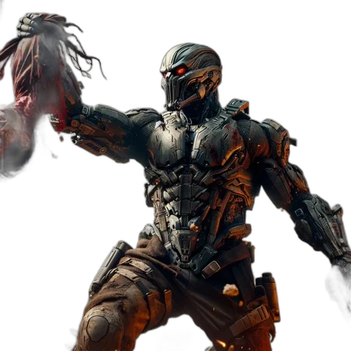 weapon, robot, creature, mask, concept art, fantasy art, comic book art, 3d render transparent PNG cut-out