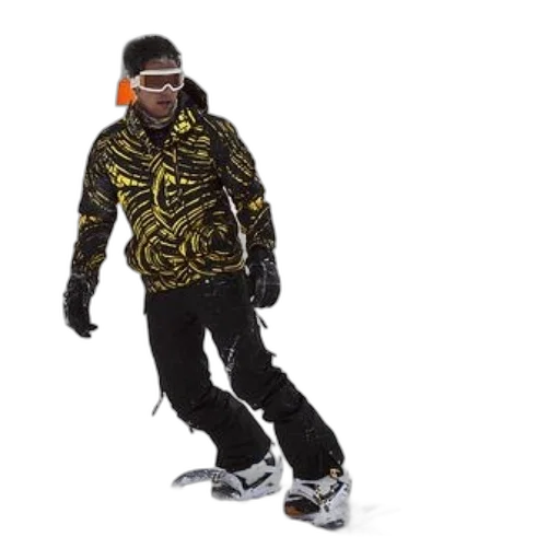 jacket, snow, snowboarder, black, yellow, goggles, gliding, down transparent PNG cut-out