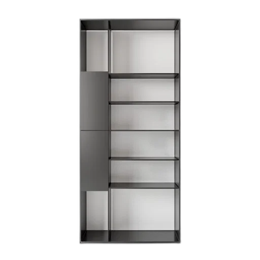 furniture, 3d render, monochrome, sleek, modern, metal, bookshelf, minimalist transparent PNG cut-out