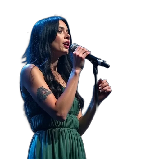 dress, woman, long, black, hair, singing, into, microphone transparent PNG cut-out