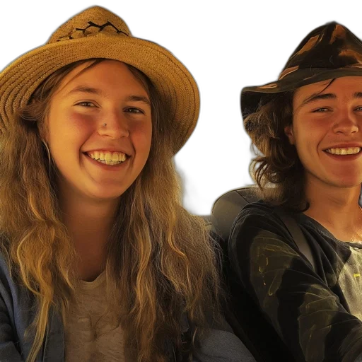 hat, face, crown, hair, two, smiling, individuals, young transparent PNG cut-out