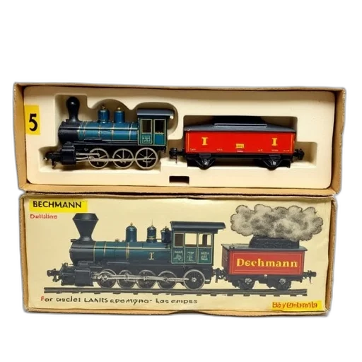 vintage, toy, train, set, displayed, original, packaging, includes transparent PNG cut-out