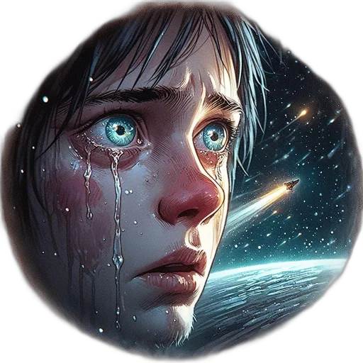 face, concept art, comic book art, fantasy art, photorealistic, outer space, tearful, large transparent PNG cut-out