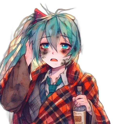 jacket, bottle, hair, face, anime, watercolor, pixel art, vaporwave transparent PNG cut-out