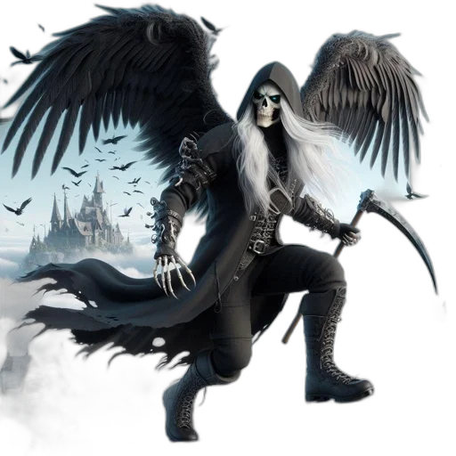 fantasy art, concept art, comic book art, pixel art, dark, eerie, winged, figure transparent PNG cut-out