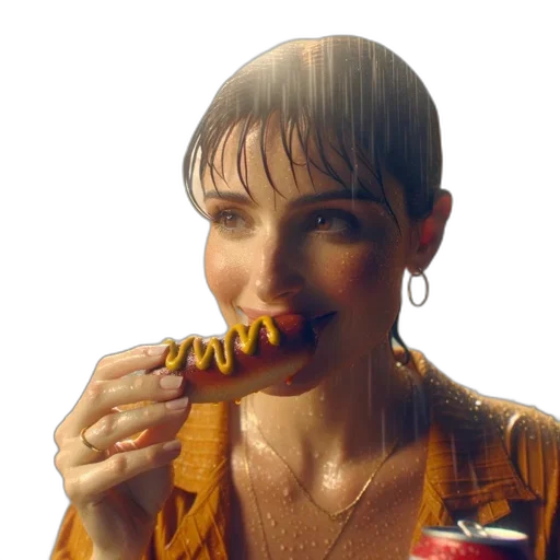food, face, jewelry, hair, photorealistic, concept art, neon lights, solitary transparent PNG cut-out