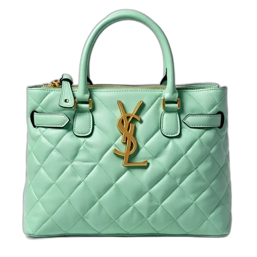 green, pastel, mint, quilted, leather, handbag, gold, logo transparent PNG cut-out