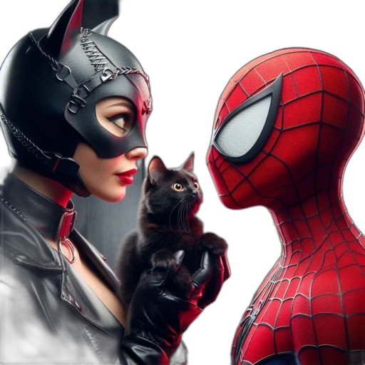 mask, comic book art, concept art, 3d render, photorealistic, catwoman, spider-man, confront transparent PNG cut-out
