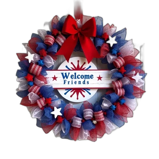 staff, 3d render, patriotic, wreath, welcome, friends, banner, hangs transparent PNG cut-out