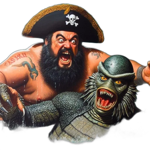 comic book art, underwater, muscular, man, sporting, pirate, hat, clashes transparent PNG cut-out