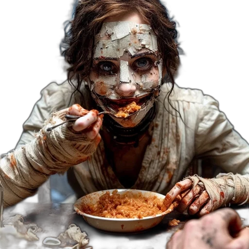 food, face, mask, photorealistic, concept art, woman, wearing, torn transparent PNG cut-out
