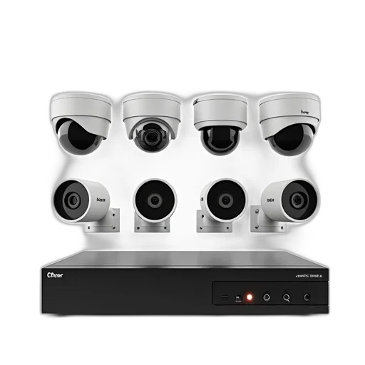 collection, six, surveillance, cameras, displayed, above, black, dvr transparent PNG cut-out