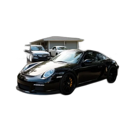 car, photorealistic, 3d render, black, parked, gravel, driveway, surrounded transparent PNG cut-out