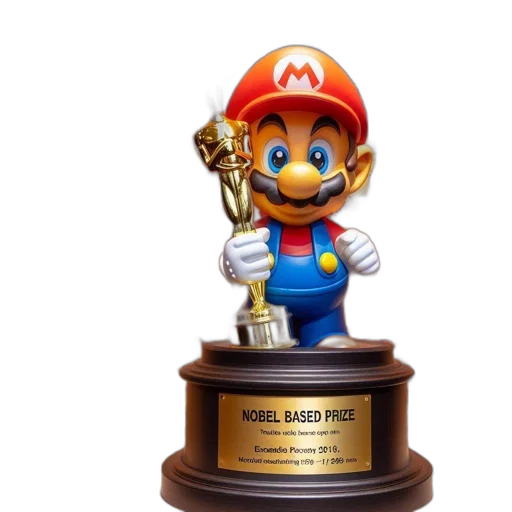 3d render, concept art, figurine, mario, holds, oscar, trophy, base transparent PNG cut-out