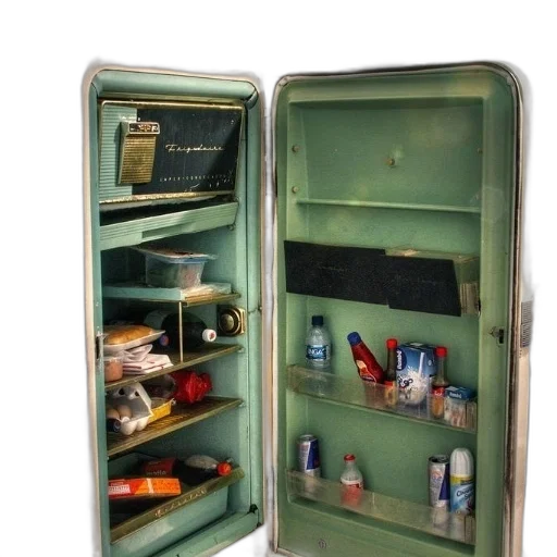 furniture, food, bottle, green, old, refrigerator, shelves, full transparent PNG cut-out