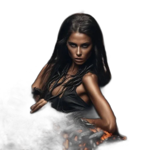 fantasy art, photorealistic, comic book art, concept art, fire, woman, lies, among transparent PNG cut-out