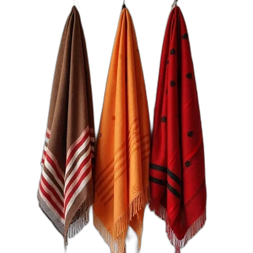 umbrella, earth tones, red, colorful, three, scarves, hanging, wall transparent PNG cut-out