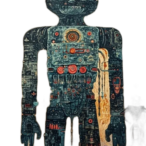 robot, mask, jacket, staff, concept art, fantasy art, 3d render, outer space transparent PNG cut-out