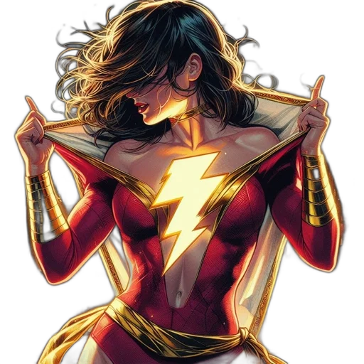 comic book art, concept art, female, superhero, red-and-gold, ensemble, stands, against transparent PNG cut-out