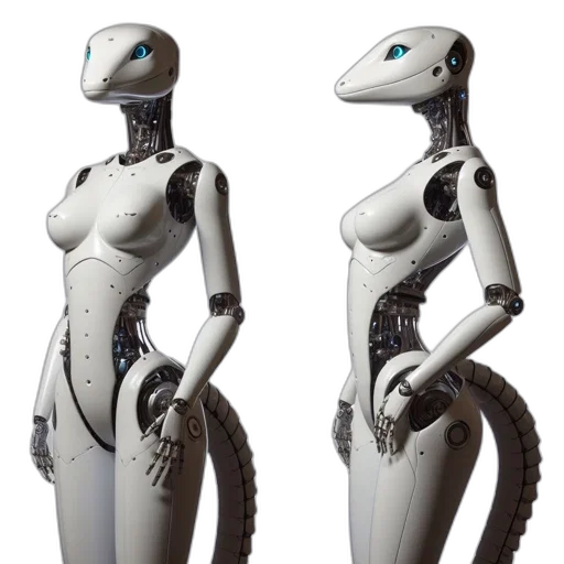 robot, dress, 3d render, concept art, fantasy art, cyberpunk, two, reptile-like transparent PNG cut-out