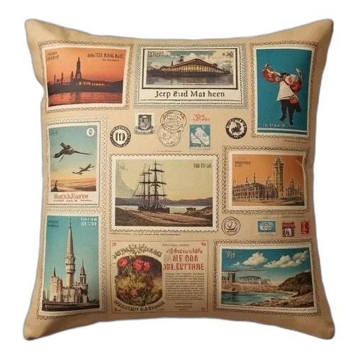 beige, pillow, vintage, travel, poster, design, featuring, various transparent PNG cut-out