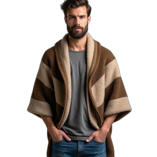 jacket, earth tones, man, wearing, brown, beige, striped, poncho transparent PNG cut-out