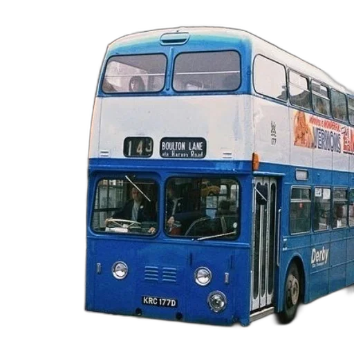 photorealistic, 3d render, blue, double, decker, bus, driving, down transparent PNG cut-out