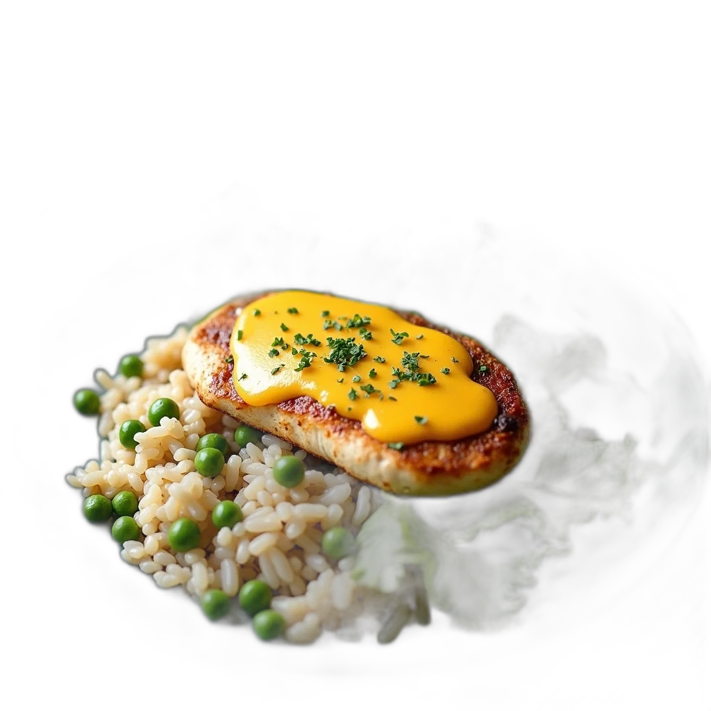food, photorealistic, plate, piece, chicken, covered, cheese, surrounded transparent PNG cut-out