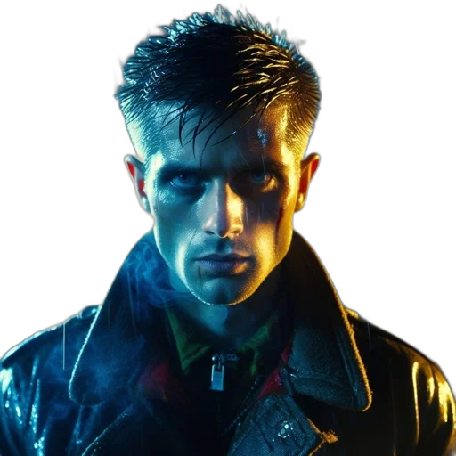 jacket, face, cyberpunk, photorealistic, concept art, comic book art, neon lights, man transparent PNG cut-out