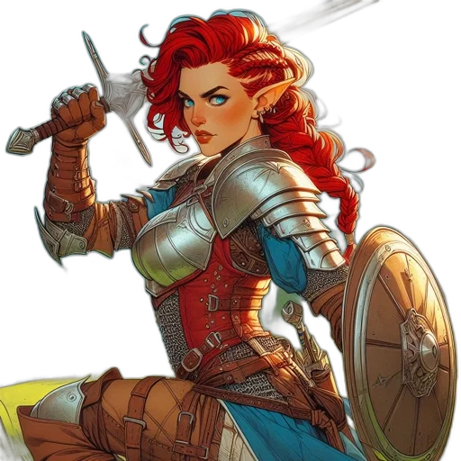 sword, comic book art, fantasy art, concept art, cartoon, red, female, warrior transparent PNG cut-out